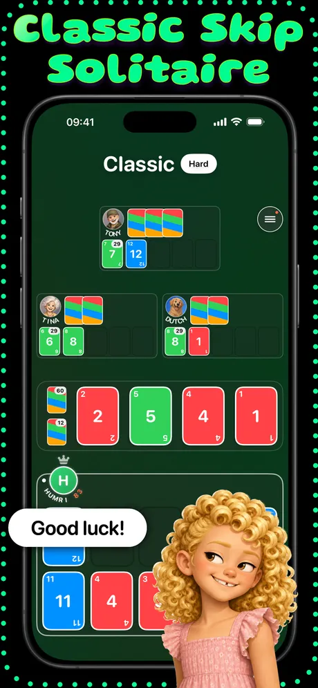 Classic Skip Solitaire: a game in progress against three CPU opponents.
